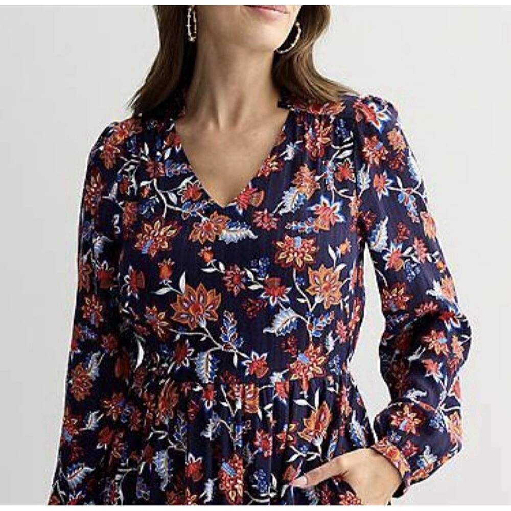 NWT Draper James Womens Midi Dress Sz XL Blue Floral Long Sleeve V Neck Wedding - Picture 3 of 12